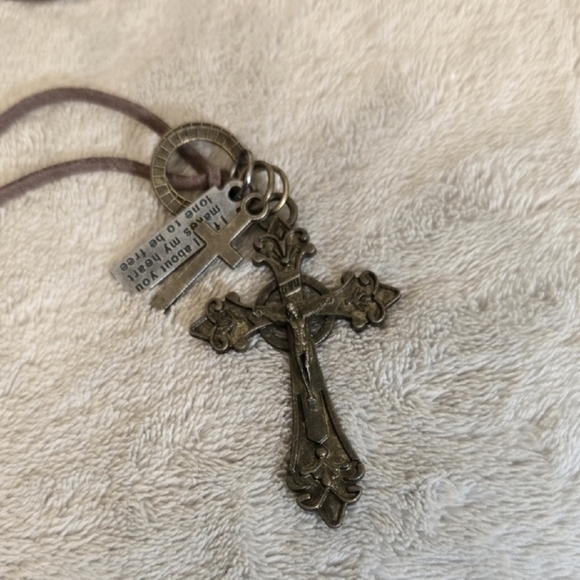 #570 Bronze Cross Pendant Necklace with Brown Cord - Picture 2 of 3